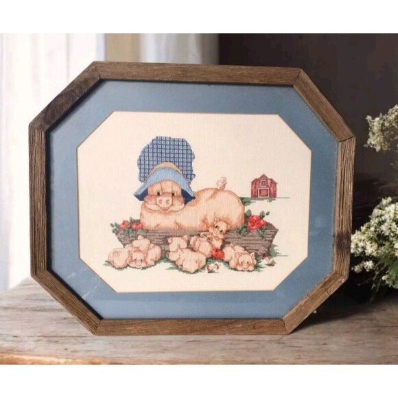 Handmade Farmhouse Pigs Cross Stitch Framed Rustic Apples Barnyard 21x17 Kitsch - Picture 1 of 4